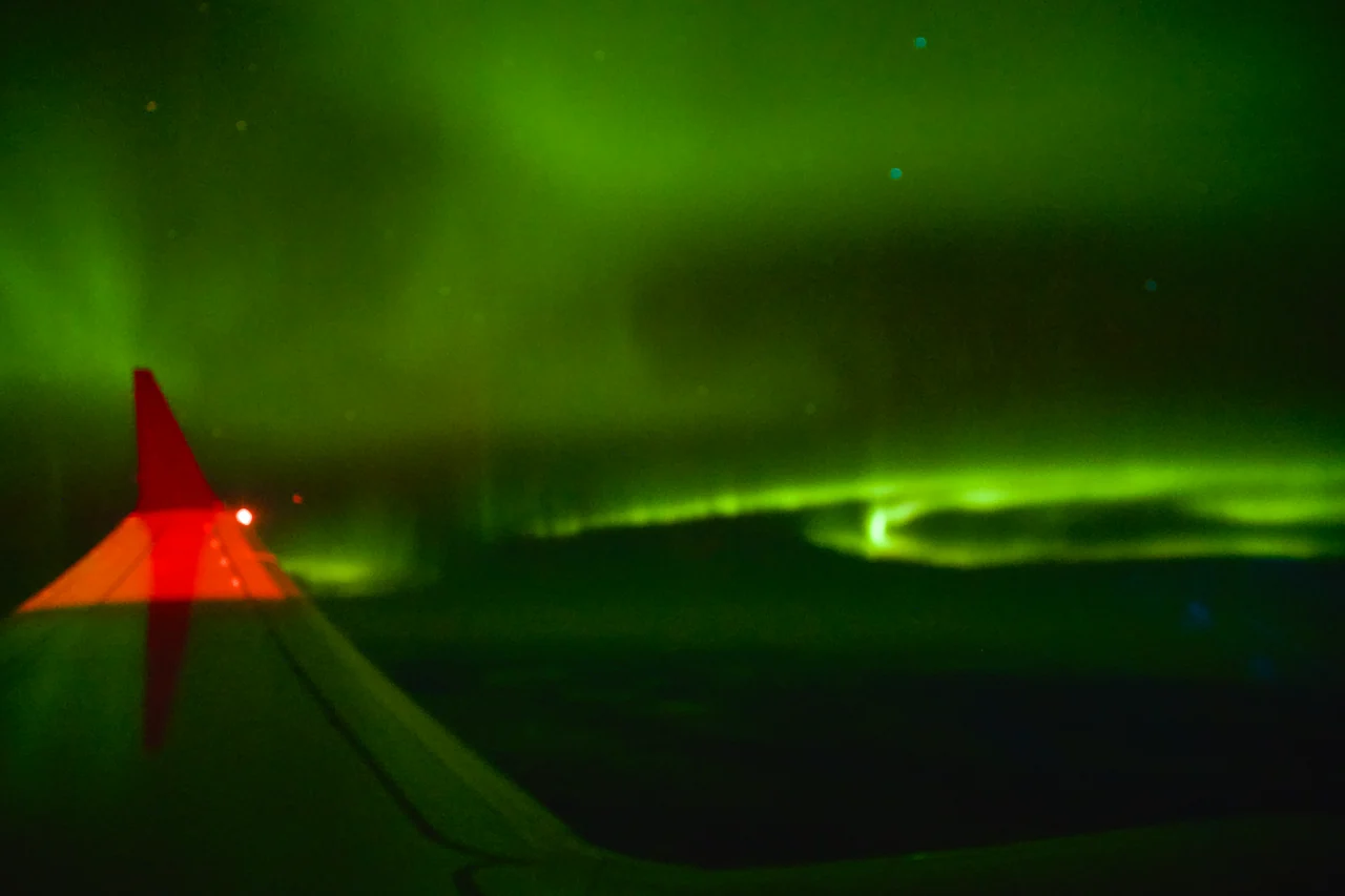 Green aurora fills the night sky above silhouetted buildings and a red-lit roof.