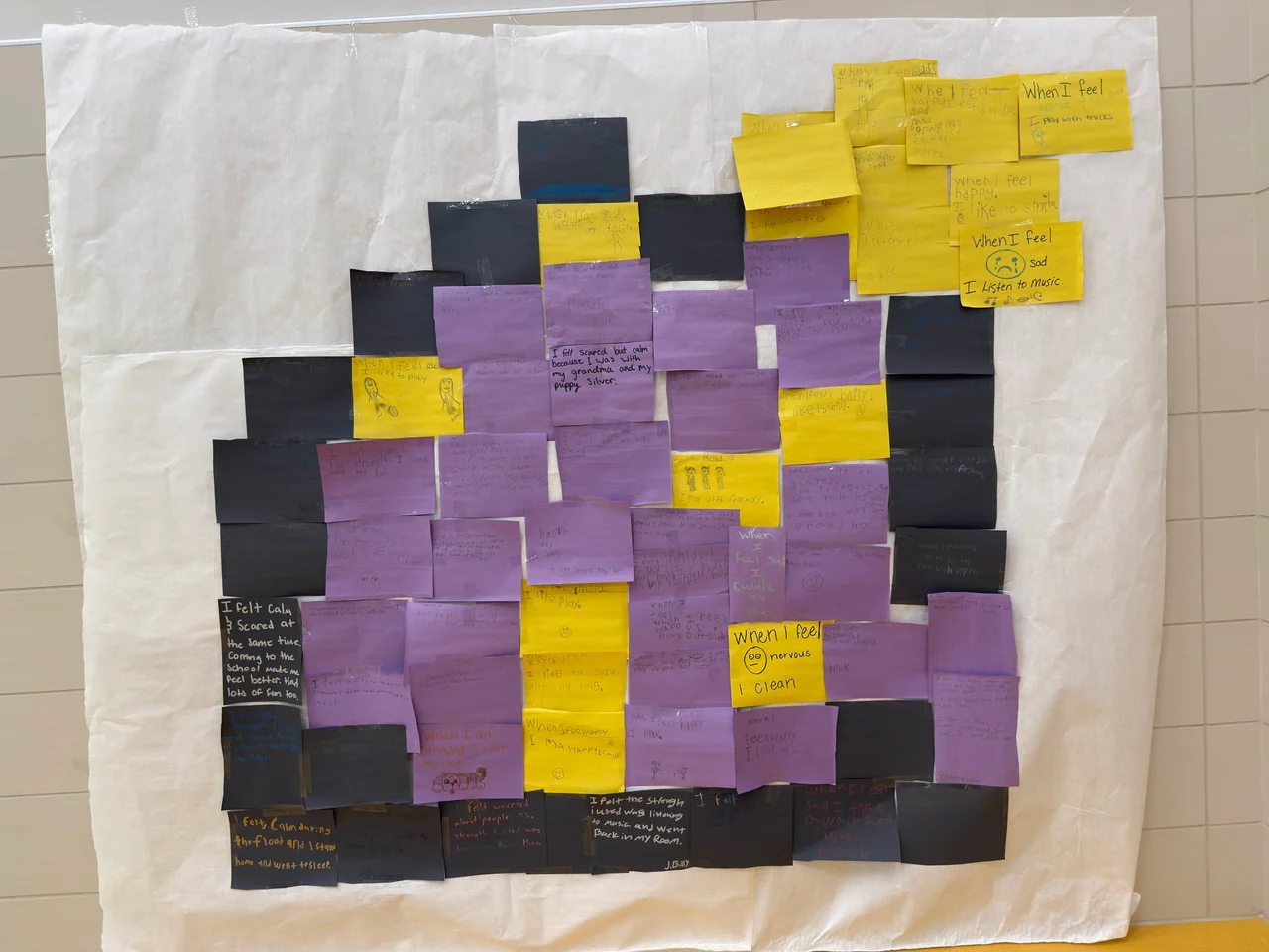 A display of handwritten purple, yellow and black notes hangs on a white wall.